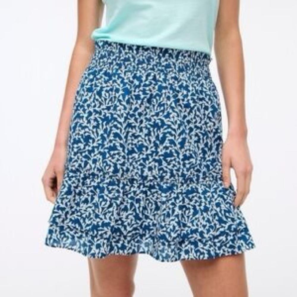 J. Crew Smocked Waist Ruffle Blue and White Leaf Print Mini Skirt, Size Large